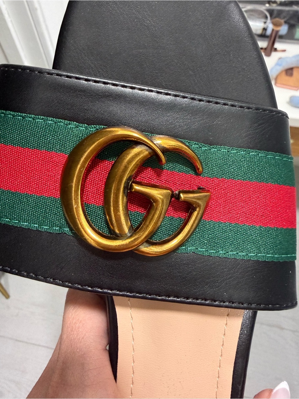 Gucci Black Leather Slides with Green and Red Web Stripe & Gold Double G - Picture 3 of 4